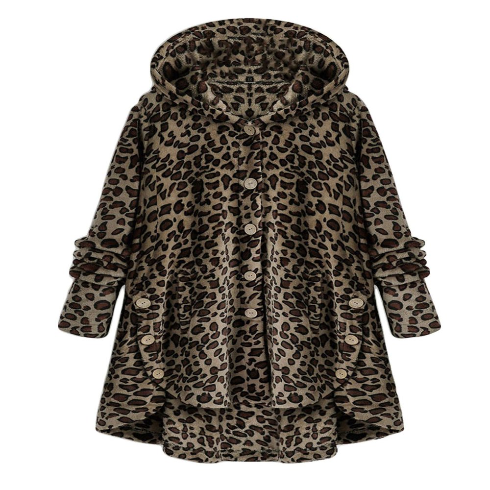 Andongnywell Ladies Button Plush Tops Hooded Loose Cardigan Women's Jacket Solid Color Pullover Tunic Tops (Leopard 2,Medium)