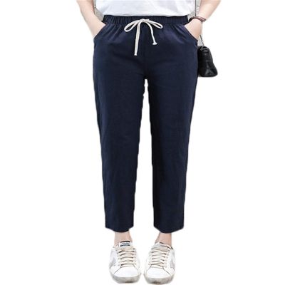 Andongnywell Women's Drawstring Linen Cropped Pants Elastic Waist Cotton Linen Pants Pencil Pants Casual (Navy,Small)