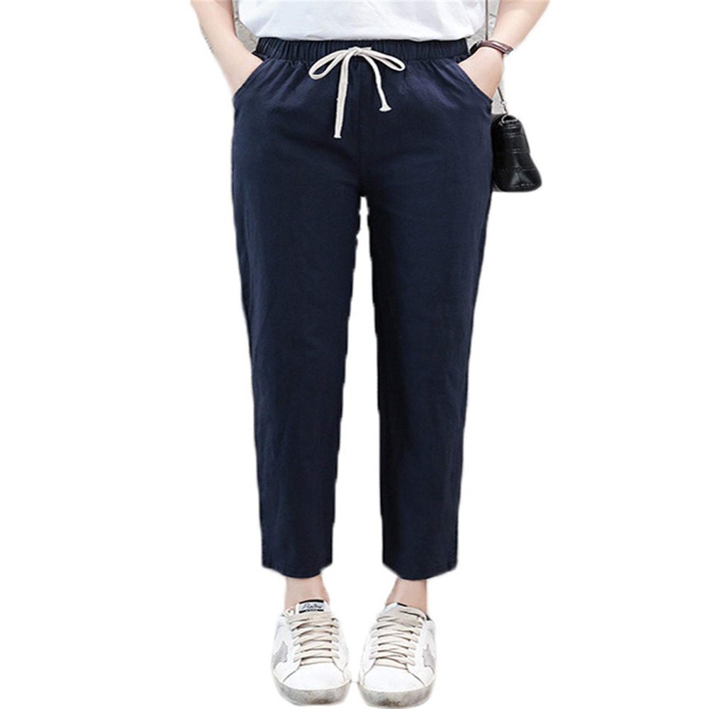 Andongnywell Women's Drawstring Linen Cropped Pants Elastic Waist Cotton Linen Pants Pencil Pants Casual (Navy,Small)