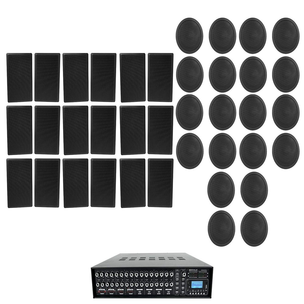 Rockville 4-Zone Matrix Amp+20 6" Black Ceiling+18 Wall Speakers 4 Restaurant