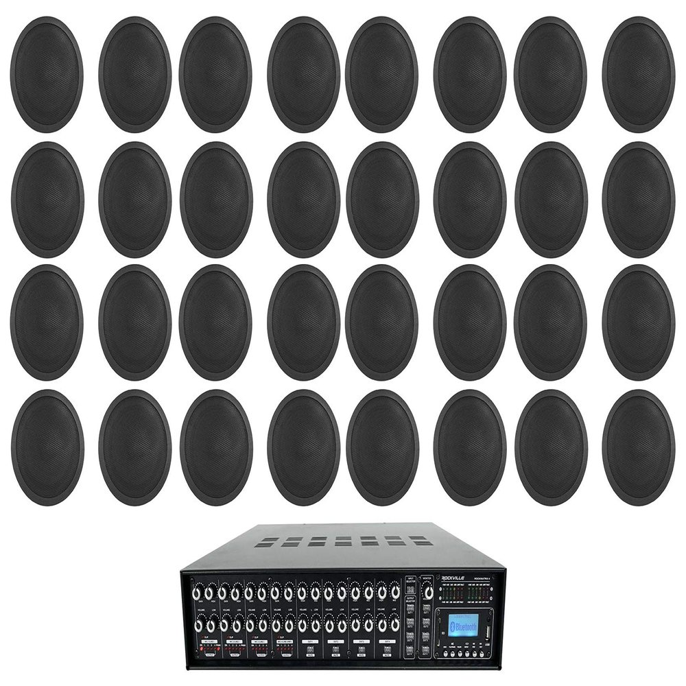 Rockville CCL6T Bundle: (32) 6 in 70V Commercial Ceiling Speakers, Rock Matrix 4-Zone 70V Amplifier with Matrix Source Routing, for Restaurants and Offices, 33-Items