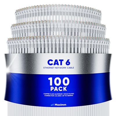 Maximm Cat 6 Ethernet Cable 1.5 ft (100-Pack) - High-Speed LAN Cable, Internet Cable, Patch Cable, and Network Cable - UTP, 10Gbps, 550MHz Ethernet Cord - White