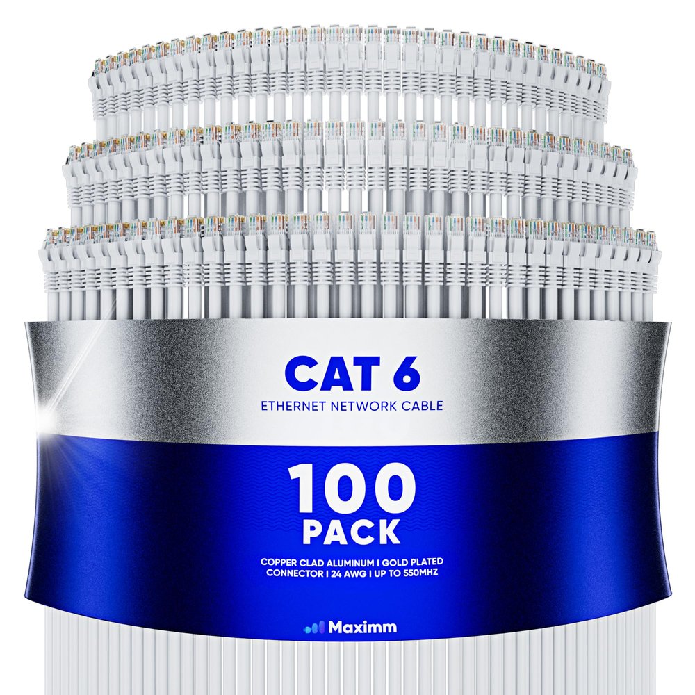 Maximm Cat 6 Ethernet Cable 1.5 ft (100-Pack) - High-Speed LAN Cable, Internet Cable, Patch Cable, and Network Cable - UTP, 10Gbps, 550MHz Ethernet Cord - White