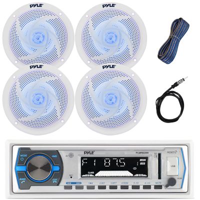 Pyle Single DIN Marine Bluetooth USB/AM/FM Stereo Receiver with Remote Control, 4x 6.5'' 240 Watt Peak Power Marine Blue Light LED White Speakers, 16-Gauge 50 Ft Speaker Wire, 40" Radio Antenna