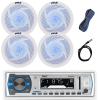 Pyle Single DIN Marine Bluetooth USB/AM/FM Stereo Receiver with Remote Control, 4x 6.5'' 240 Watt Peak Power Marine Blue Light LED White Speakers, 16-Gauge 50 Ft Speaker Wire, 40" Radio Antenna view 1
