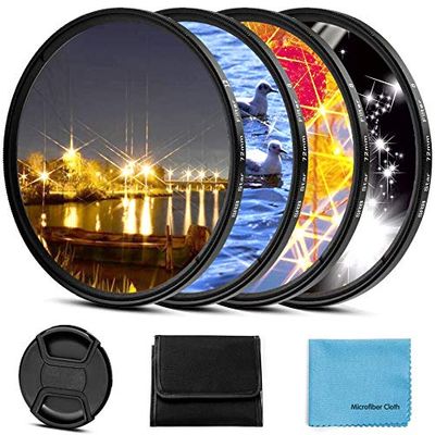 62mm Star Filter 4 Pieces Starburst Lens Filter(4 Points,6 Points,8 Points,12 Points) with Centre Pinch Lens Cap for Canon Nikon Sony Olympus Pentax and Other DSLR Cameras + 4 Slot Filter Pouch