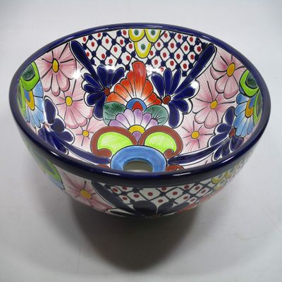 14" round TALAVERA VESSEL SINK Mexican handmade ceramic bathroom basin, folk art