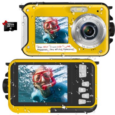 Waterproof Digital Camera Underwater Camera Full HD 2.7K 48 MP Video Recorder Selfie Dual Screens 16X Digital Zoom Flashlight Waterproof Camera for Snorkeling (Yellow)