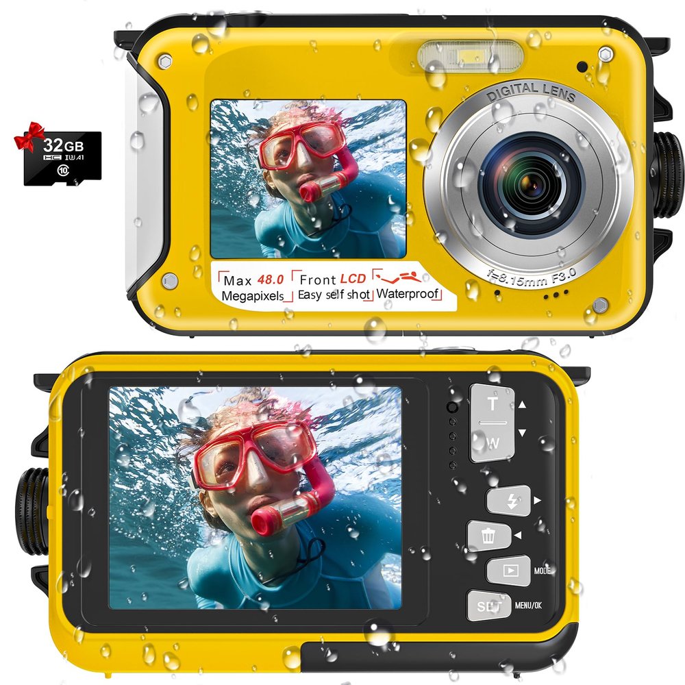 Waterproof Digital Camera Underwater Camera Full HD 2.7K 48 MP Video Recorder Selfie Dual Screens 16X Digital Zoom Flashlight Waterproof Camera for Snorkeling (Yellow)