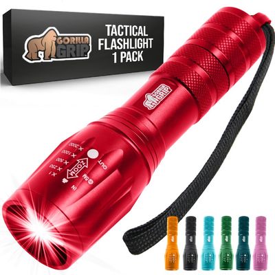 GORILLA GRIP Powerful LED Tactical Flashlight, 750 FT High Lumens 5 Adjustable Modes, Water Resistant, Ultra Bright Zoom Flashlights, Small Mini Flash Light, Camping, Night Dog Walking, Red
