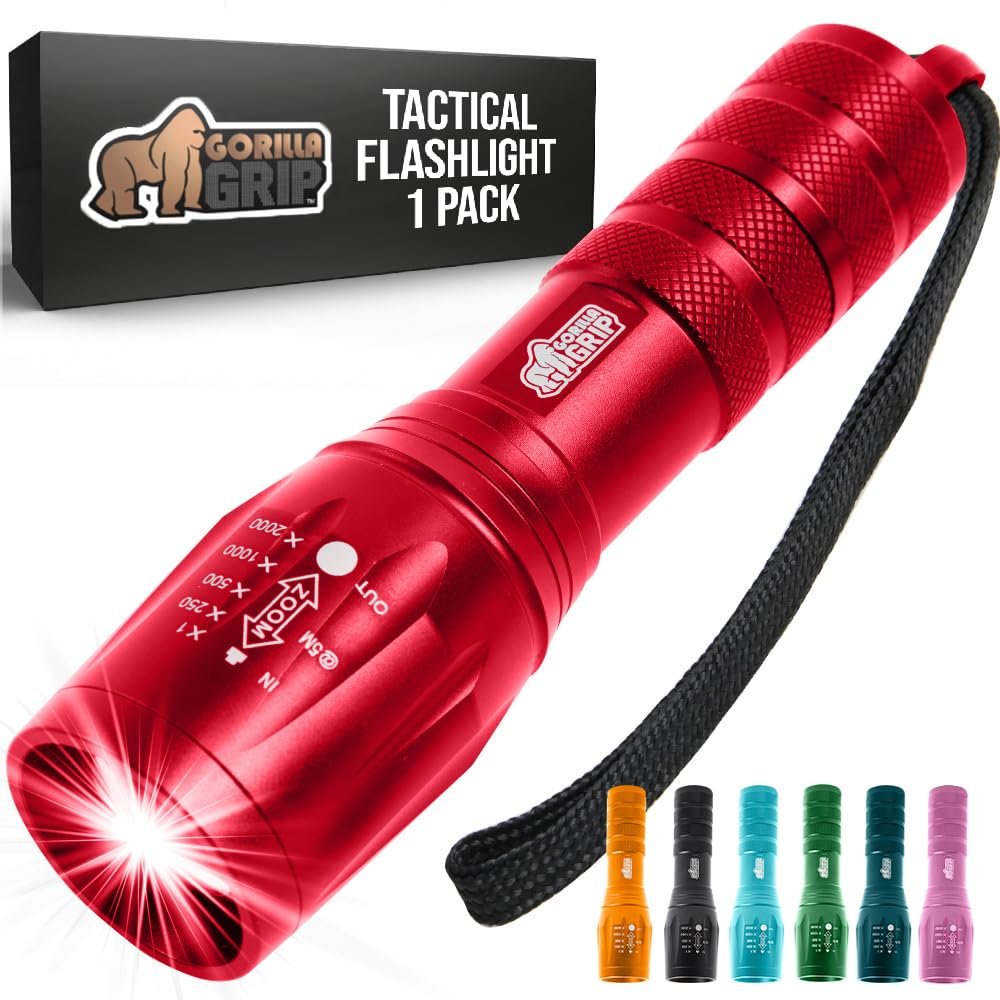 GORILLA GRIP Powerful LED Tactical Flashlight, 750 FT High Lumens 5 Adjustable Modes, Water Resistant, Ultra Bright Zoom Flashlights, Small Mini Flash Light, Camping, Night Dog Walking, Red