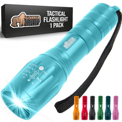 GORILLA GRIP Powerful LED Tactical Flashlight, 750 FT High Lumens 5 Adjustable Modes, Water Resistant, Ultra Bright Zoom Flashlights, Small Mini Flash Light, Camping, Night Dog Walking, Turquoise