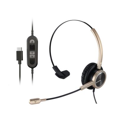 Golden USB Type C Headset with Noise-Canceling Microphone, Single Ear USB-C Work Headphone with Mic Mute, for Laptops, Mobiles, Perfect for Zoom Teams Webex,Ringcentral, Telework, Meeting and Calls