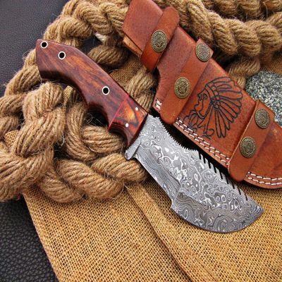Damascus KE-01142-HK Custom and Handmade Steel Hunting Mini Tracker Knife with Wood Handle with Leather Sheath