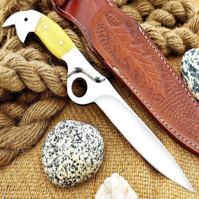 Damascus KE-01141-HK Custom and Handmade D2 Steel Hunting Tactical Knife with Steel Bolster and Micarta Handle with Leather Sheath