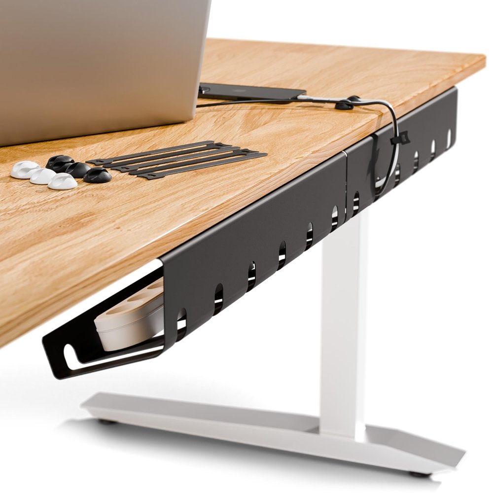 PAMO Cable Management Under Desk for Easy mounting Under-Table I Set of 2 - with 10X Cable Ties I Desk Organizer for Office/Home Office Table Thoughtful Cable Tray Holder