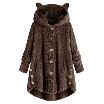 Andongnywell women's long-sleeved hooded faux fur one-piece fluffy oversized coat Round neck collar pocket warm (Coffee,XX-Large)