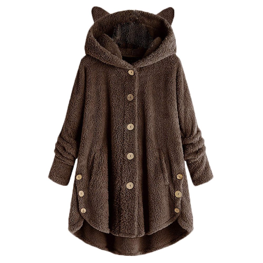 Andongnywell women's long-sleeved hooded faux fur one-piece fluffy oversized coat Round neck collar pocket warm (Coffee,XX-Large)
