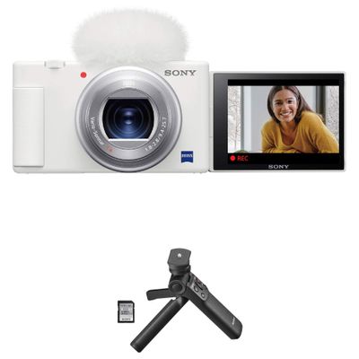 Sony ZV-1 Compact 4K HD Camera, White, Bundle with GP-VPT3 Wireless Shooting Grip and Tripod with Detachable Remote