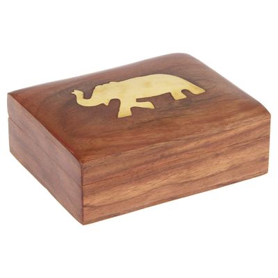 Ajuny Handmade Wooden Small Case Holder with Brass Elephant Inlay Jewelry Box for Earrings, Rings, and Watches Decorative Gift Box 4x3x2 Inches