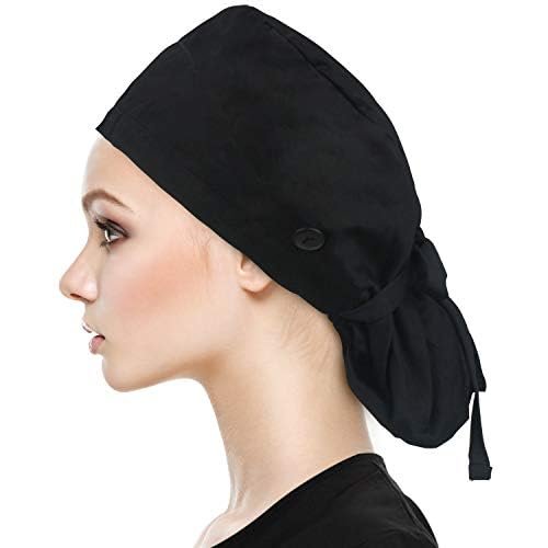 QBA Working Cap with Button Long Hair, Adjustable Working Hat Sweatband Cotton Ponytail Holder, Tie Back Hats for Women & Men, One Size