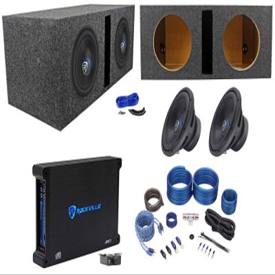 2 Rockville K5 W10K5S4 10" 1200w Subwoofers+Vented Sub Box+Mono Amplifier+Wires