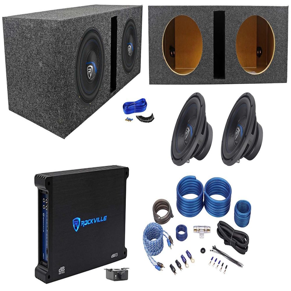 2 Rockville K5 W10K5S4 10" 1200w Subwoofers+Vented Sub Box+Mono Amplifier+Wires