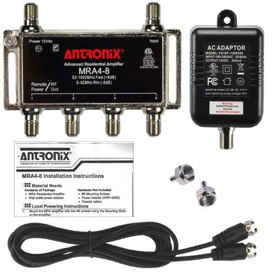 Antronix MRA4-8 Reliable Cable 4-Port TV/Antenna/HDTV/Internet Digital Signal Amplifier/Booster/Splitter with Passive Return, Black Coax Power Cable, F59 Terminators