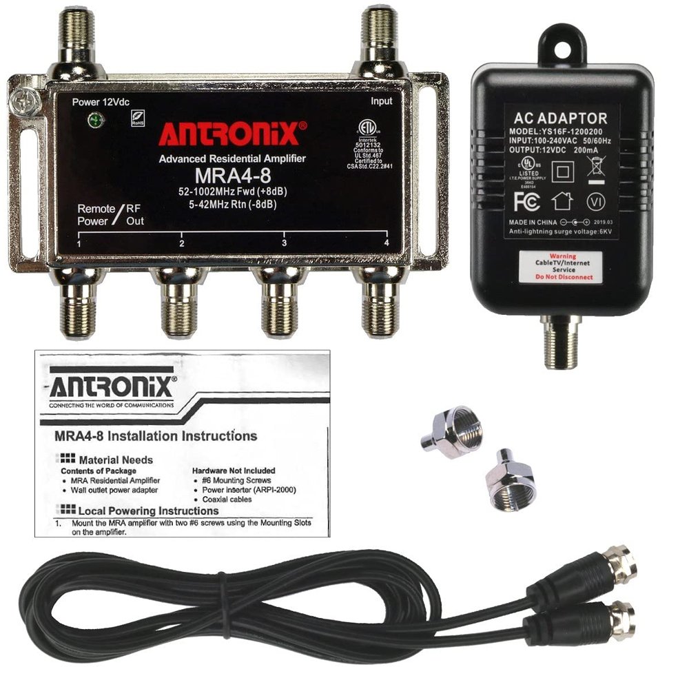 Antronix MRA4-8 Reliable Cable 4-Port TV/Antenna/HDTV/Internet Digital Signal Amplifier/Booster/Splitter with Passive Return, Black Coax Power Cable, F59 Terminators