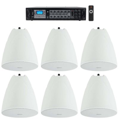 Rockville Bundle: (1) RCS180-6 180 Watt 6 Zone 70v Commercial/Restaurant Amplifier/Bluetooth+(6) PEN-65T White 6.5" 70V Hanging Pendant Speaker Commercial/Restaurant (7 Item)