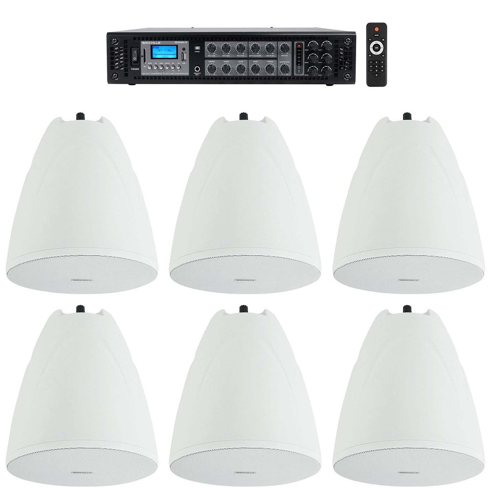 Rockville Bundle: (1) RCS180-6 180 Watt 6 Zone 70v Commercial/Restaurant Amplifier/Bluetooth+(6) PEN-65T White 6.5" 70V Hanging Pendant Speaker Commercial/Restaurant (7 Item)