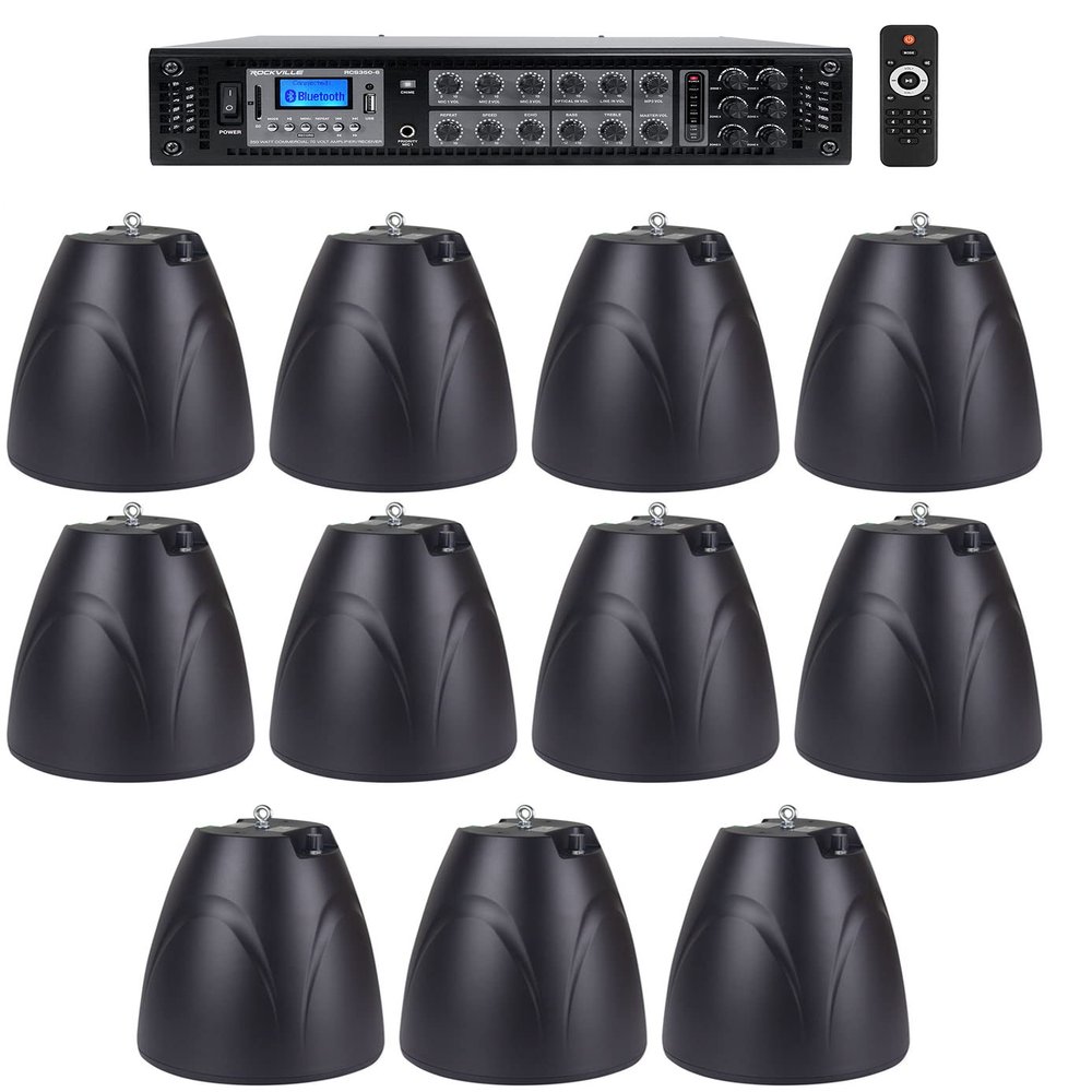 Rockville Bundle: (1) RCS350-6 350 Watt 6 Zone 70v Commercial/Restaurant Amplifier/Bluetooth+(11) PEN-65T Black 6.5" 70V Hanging Pendant Speaker Commercial/Restaurant (12 Item)