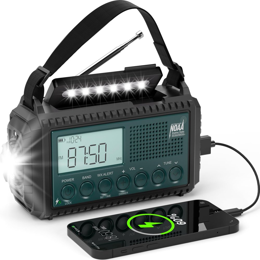 NOAA Emergency Weather Radio with Auto Alerts, 5000mAh Solar Hand Crank AM/FM/SW Shortwave Radio with Flashlight, Reading Lamp, Phone Charger, SOS Alarm, Survival Gear, Time Clock & Large LCD Display