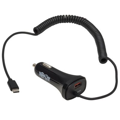 Tripp Lite USB Dual Port Car Charger, USB-C 18W QC 3.0 and USB-A 12W Dual Port USB Car Charger, Coiled USB Charging Cable, Black (U280-C02-30W-C6)