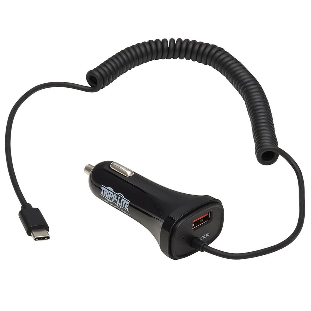 Tripp Lite USB Dual Port Car Charger, USB-C 18W QC 3.0 and USB-A 12W Dual Port USB Car Charger, Coiled USB Charging Cable, Black (U280-C02-30W-C6)