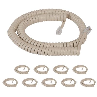 Cablesys Coiled Telephone Handset Cord for Use with PBX Phone Systems, VoIP Telephones - 12 Ft Uncoiled, Rj22, 1.5 Inch Lead on Both Ends, Ivory, 10-Pack