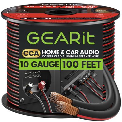 GEARit 10 Gauge Speaker Wire (100 Feet), Copper Clad Aluminum, CCA Thick Gauge Copper Wire for Stereo, Surround Sound, Home Theater, Radio (Black, 100 Feet)