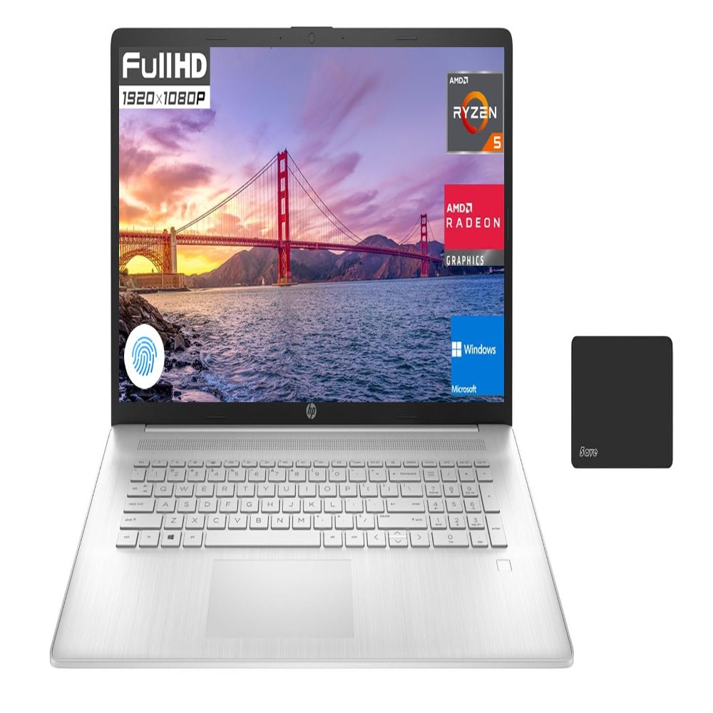 HP 17.3 inch FHD Laptop for Student and Business, AMD Ryzen 5 5500U, AMD Radeon Graphic, 16GB RAM, 512GB PCIe SSD, Bluetooth 4.2, WiFi, HDMI, Fingerprint, Webcam, Windows 10 S, with 5ave Mousepad