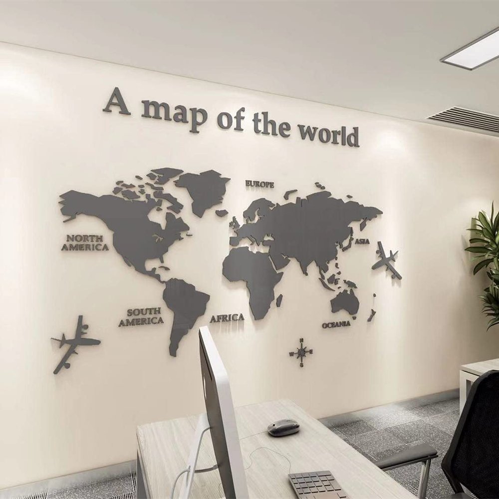 3D World Map Wall Decal - DIY Map Wall Stickers, Decor for Living Room Bedroom (Grey, XXL: 280x174 cm)