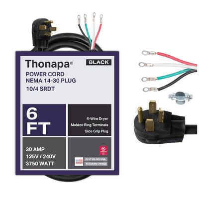 Thonapa 4 Prong Dryer Cord 6 Ft, 30 AMP Appliance Extension Cord with 4 Prong, NEMA 14-30 Plug, 10/4 SRDT 6 Foot, Black - US Veteran Owned Company