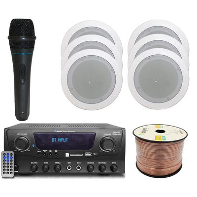 Home Theater System Kit 1000 Watts Bluetooth Receiver w/ 6 Qty 5.25" 175 Watts Each in-Wall in-Ceiling Speakers & 16 Gauge 250 ft. Speaker Wire Portable Microphone w/Remote Control by Technical Pro