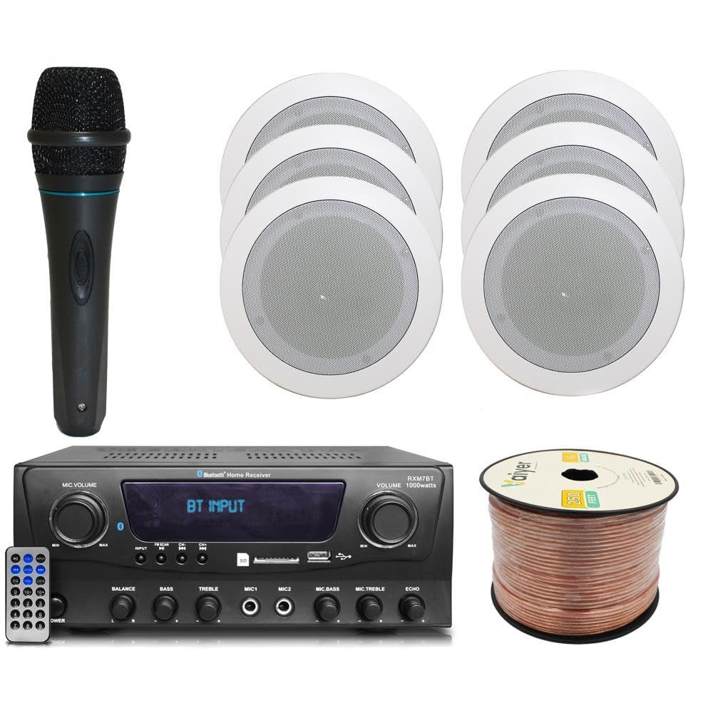 Home Theater System Kit 1000 Watts Bluetooth Receiver w/ 6 Qty 5.25" 175 Watts Each in-Wall in-Ceiling Speakers & 16 Gauge 250 ft. Speaker Wire Portable Microphone w/Remote Control by Technical Pro