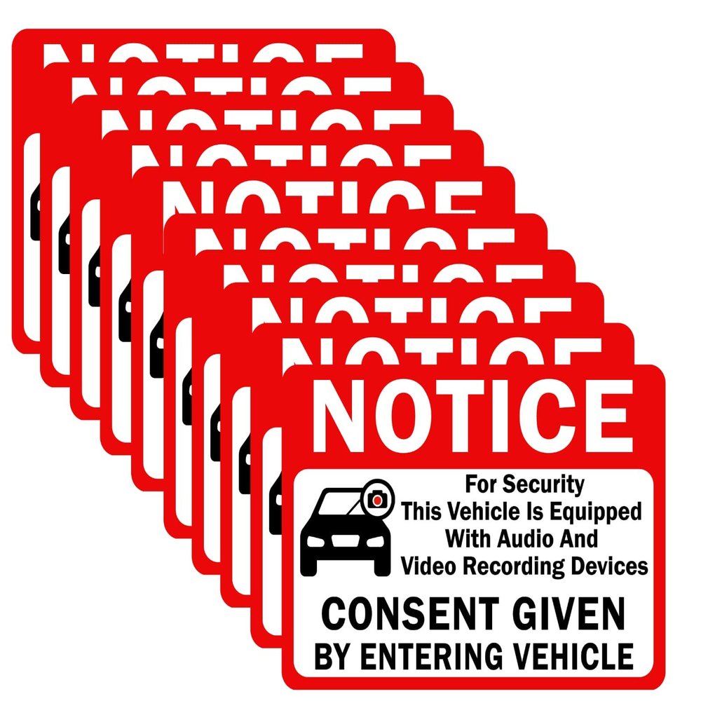 10-Pack Double Sided 3.5"x2.5" - Notice Vehicle is Equipped with Audio and Video Recording Devices Consent by Entering Car Sticker-Vinyl Decal, UV Protected, Waterproof, Indoor&Outdoor Use
