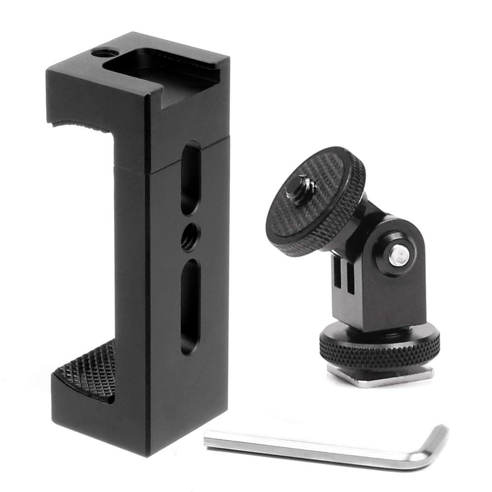 BGNing Aluminum Mobile Phone Holder Photographic SLR Camera Gmibal Tripod Smartphone Clip Cold Shoe Mount Selfie Stick 1/4" Hole Clamp (with Cold Shoe)