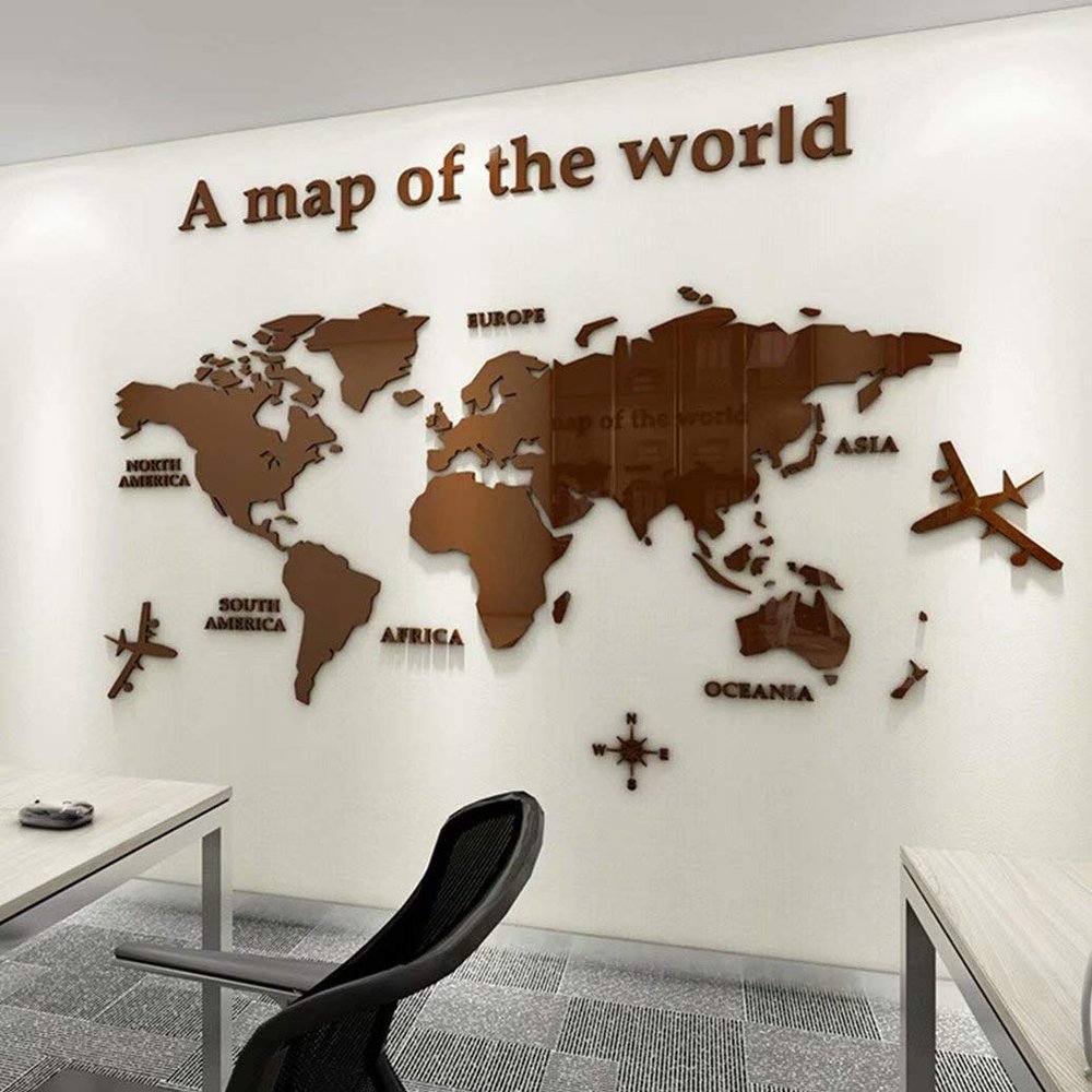 3D Wall Stickers - DIY World Map Wall Decal Sticker Murals Map Wall Dcor for Living Room Bedroom TV Background Home Decorations(Brown,M: 120x60 cm)