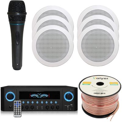 Home Theater System Kit 1000 Watts Amplifier w/USB, SD Card Inputs, (Qty 6) 5.25" Flush Mount in-Wall/in-Ceiling Stereo Speakers, Mic and 250 ft Speaker Wire | Perfect for Home, Office and Restaurants