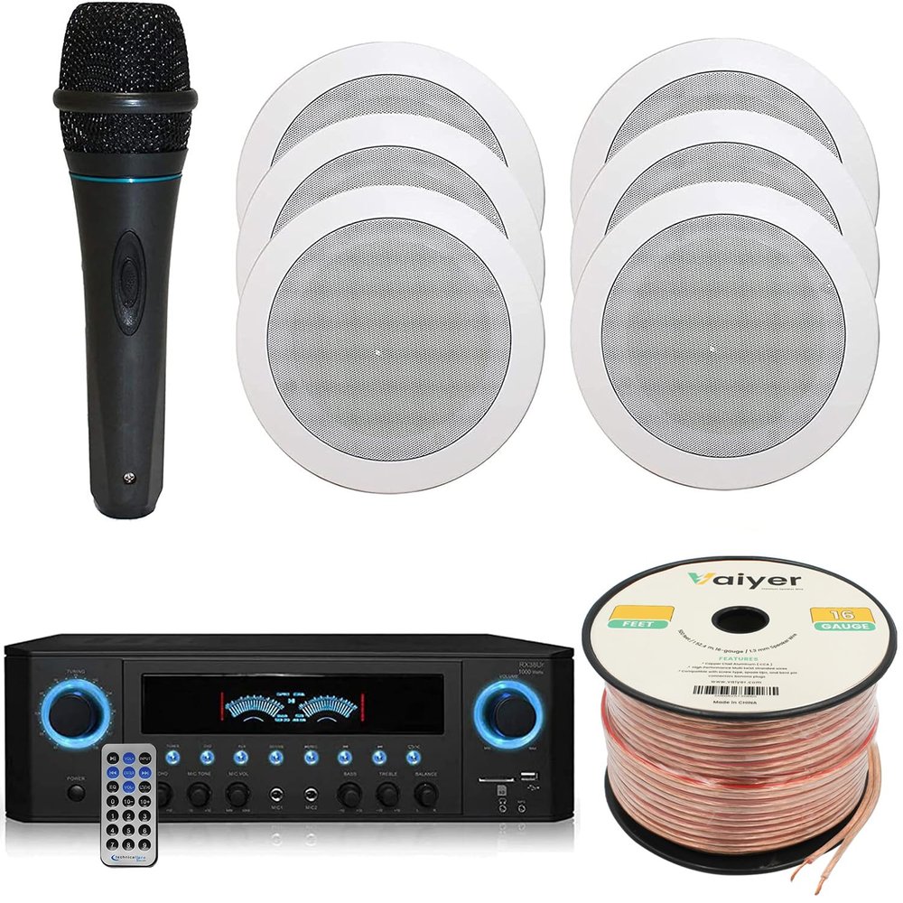Home Theater System Kit 1000 Watts Amplifier w/USB, SD Card Inputs, (Qty 6) 5.25" Flush Mount in-Wall/in-Ceiling Stereo Speakers, Mic and 250 ft Speaker Wire | Perfect for Home, Office and Restaurants