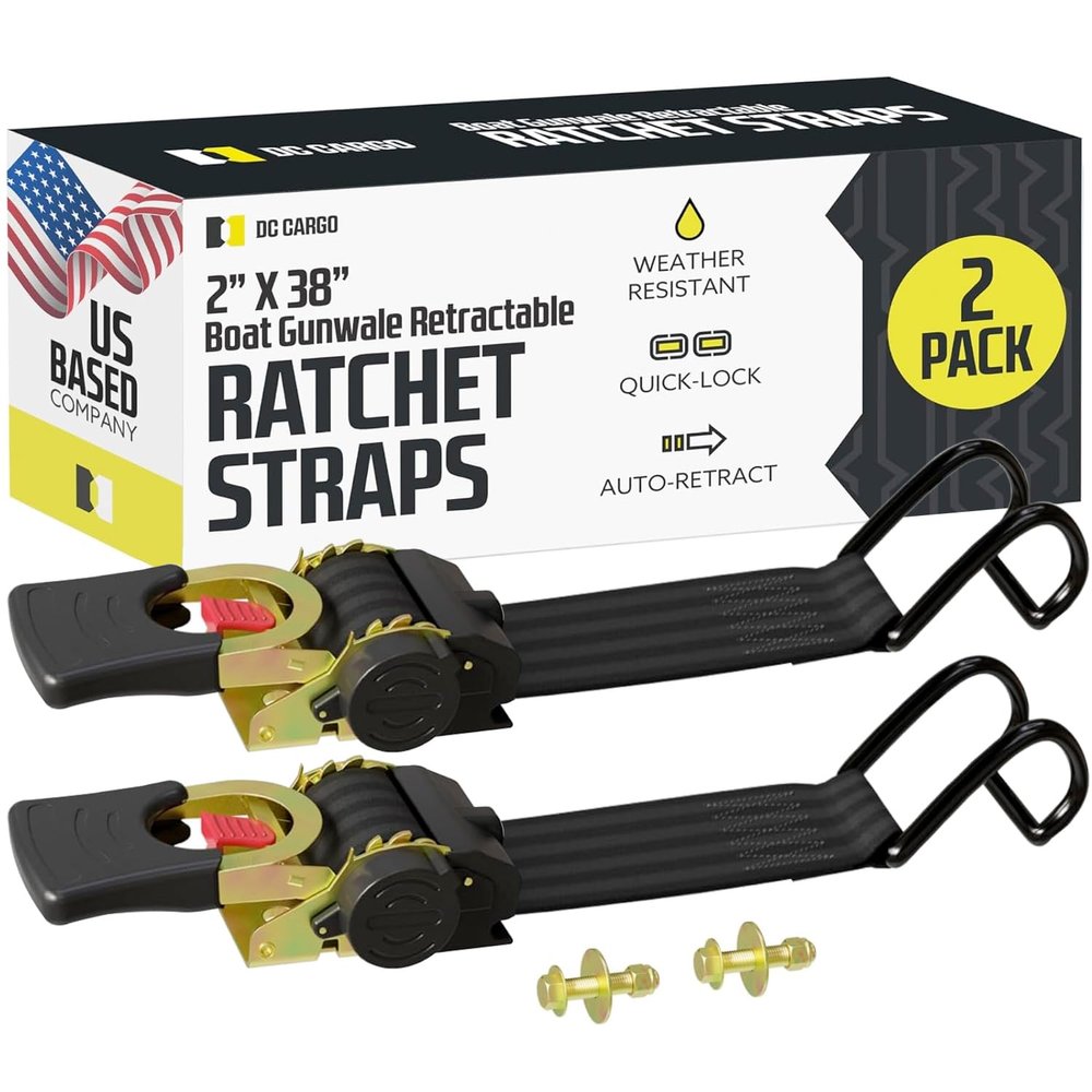 DC Cargo Mall Boat Retractable Ratchet Strap Heavy Duty Gunwale Kit & Transom Tie Down Straps & Heavy-Duty 2" x 38" Straps for Secure Boat or Jet Ski Trailer Transport - 2500 lbs Break Strength