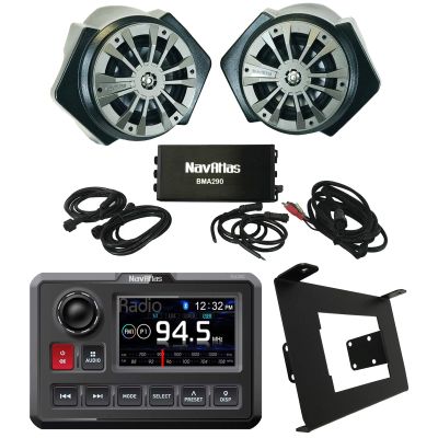NavAtlas Digital Media AM/FM Radio Bluetooth USB Waterproof Powersports Receiver Bundle Combo with 6.5" Powered Speaker System w/Amplifier, Dash Kit (Compatible with 2019-2020 Polaris RZR Turbo S)