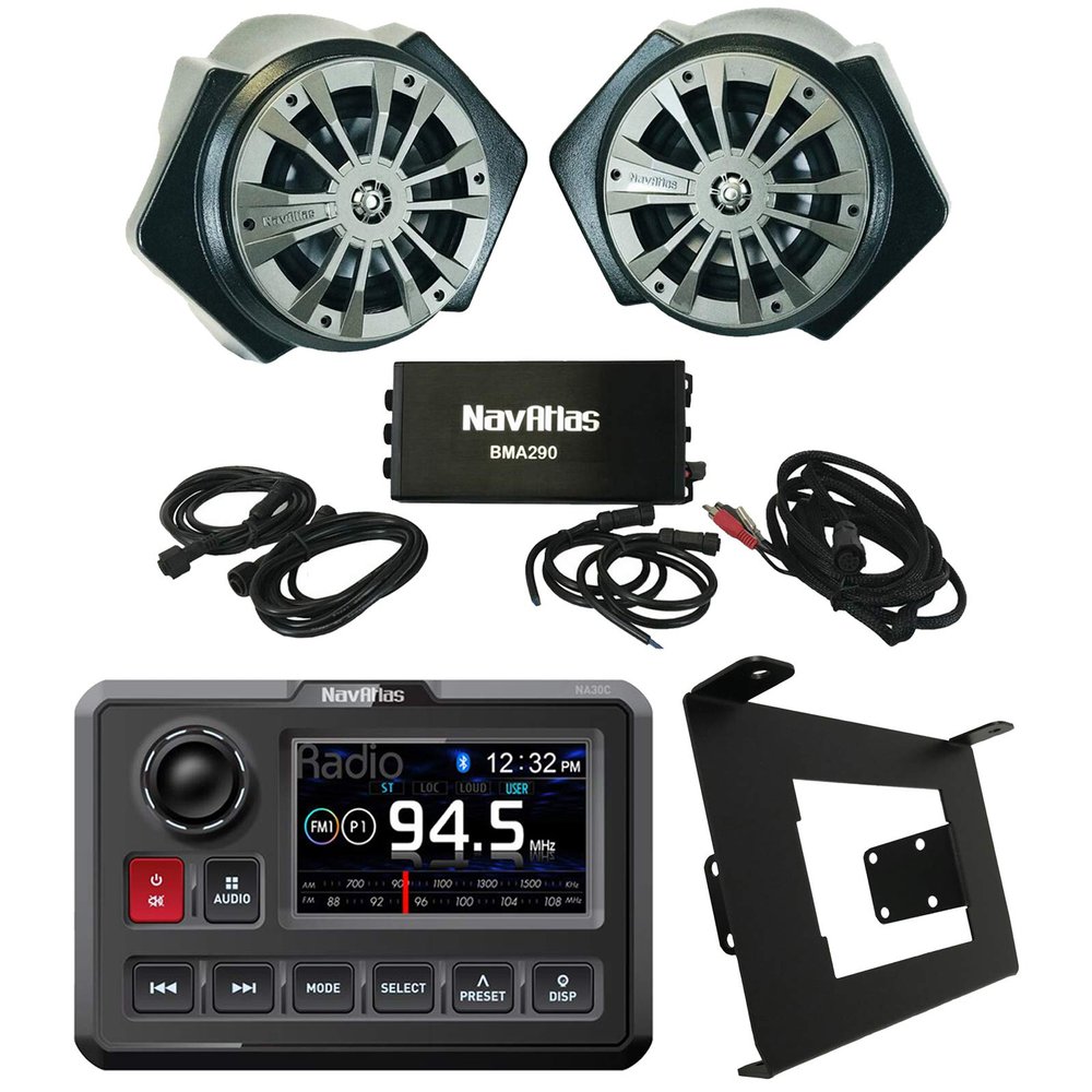 NavAtlas Digital Media AM/FM Radio Bluetooth USB Waterproof Powersports Receiver Bundle Combo with 6.5" Powered Speaker System w/Amplifier, Dash Kit (Compatible with 2019-2020 Polaris RZR Turbo S)